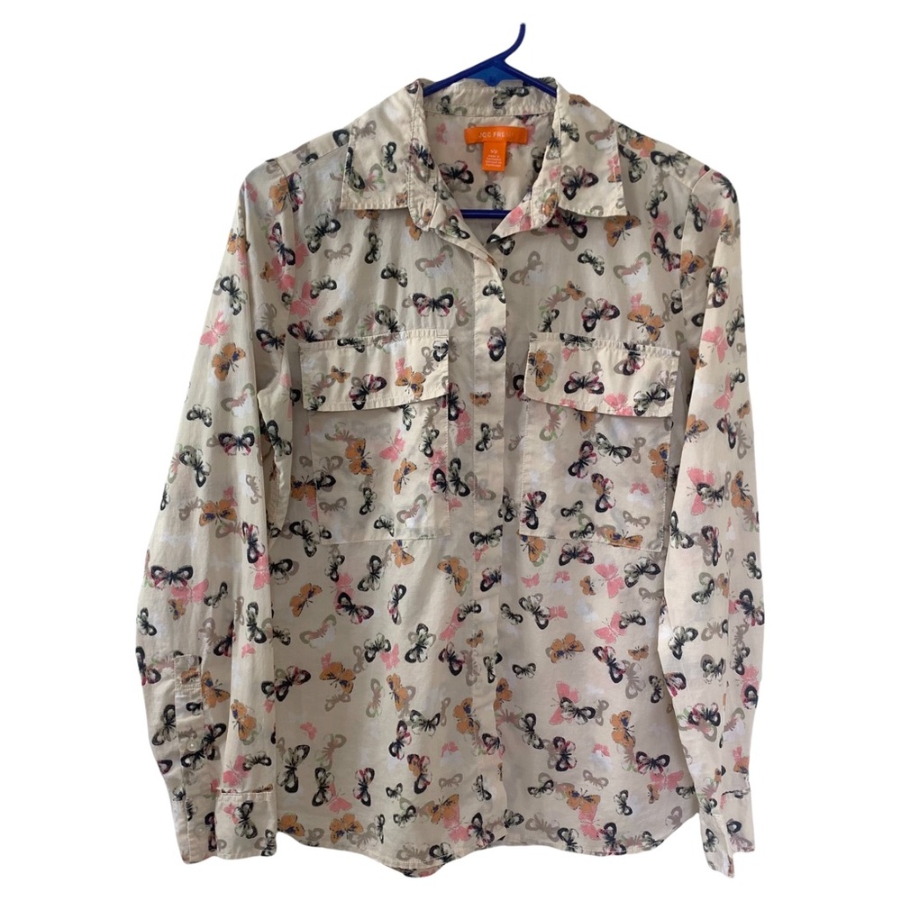 Joe Fresh Cotton Cream Button Up Shirt Butterfly Print Cottagecore Women’s Small